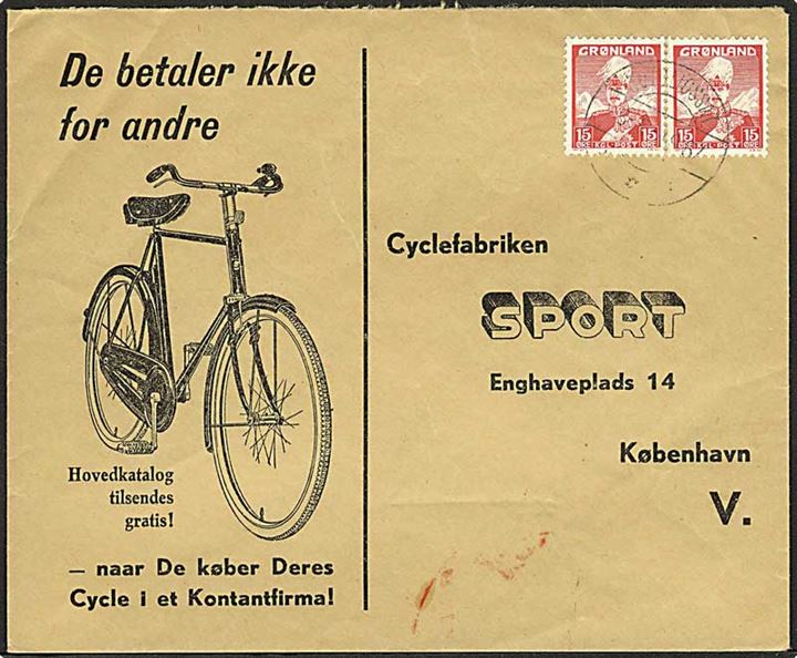 15 øre Chr. X i parstykke på brev fra Kutligssat d. 5.5.1957 til København.