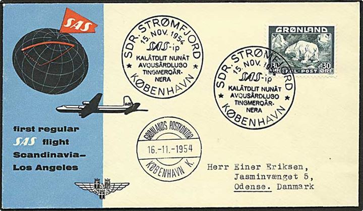 30 øre Isbjørn på SAS 1.flyvningskuvert fra Sdr. Strømfjord d. 15.11.1954 til Odense.