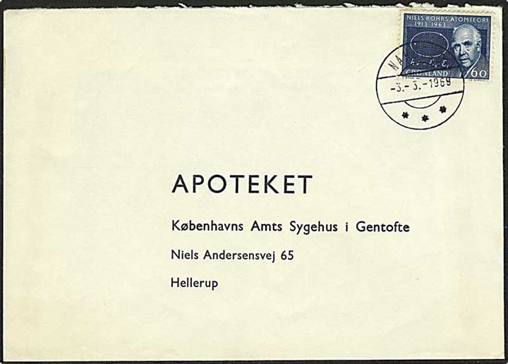 60 øre Niels Bohr på brev fra Narssaq d. 3.3.1969 til Hellerup.