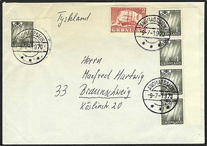 1 øre Nordlys (5) og 2 kr. Ishavsskib på brev fra Angmagssalik d. 9.7.1970 til Braunschweig, Tyskland. Fra Deutsche Grönland Expedition 1970.