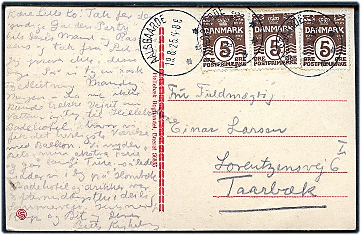 5 øre Bølgelinie (3) på brevkort (Hellebæk Hotel) annulleret med brotype IIIb Aalsgaarde d. 19.8.1925 til Taarbæk.