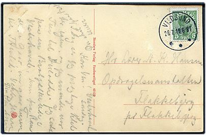 5 øre Chr. X på brevkort (Nykøbing M., Raadhuset) annulleret med brotype IIIb Vildsund d. 28.7.1919 til Flakkebjerg. Kortet har haft fugt.
