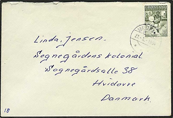 35 øre Trommedanser på brev fra Sdr. Strømfjord d. 27.8.1964 til Hivdovre. Fra Luftgruppe Vest.