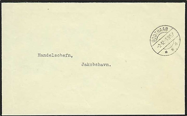 Portofrit indenrigsbrev fra Godthaab d. 2.12.1957 til Jakobshavn.