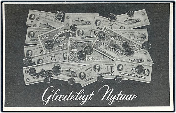 Nytårskort med pengesedler og mønter. Stenders no. 312.