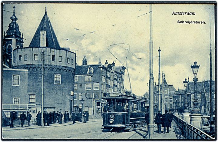 Amsterdam. Bymotiv med sporvogn, vogn no. 55. J.V.A. no. 17.