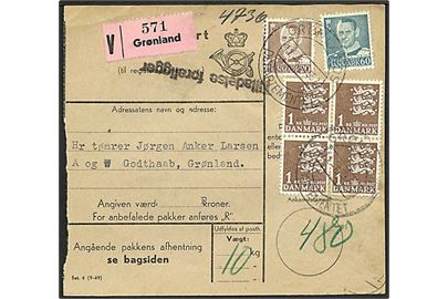 20 øre, 60 øre Fr. IX og 1 kr. Rigsvåben i fireblok på 4,80 kr. frankeret adressekort for værdipakke stemplet Grønlands Departementet d. 11.6.1952 til Godthaab, Grønland.