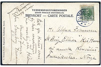 5 øre Fr. VIII på brevkort fra Lohals d. 7.12.190X til sømand ombord på skonnertbrig Ellida af Lohals c/o danske konsulat i Frederikstad, Norge.