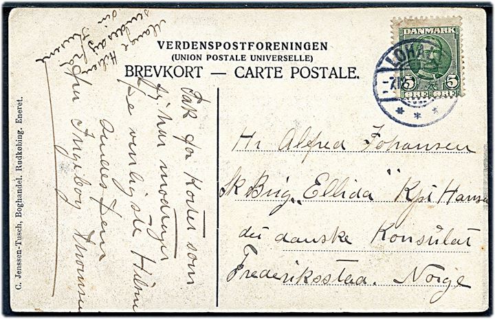 5 øre Fr. VIII på brevkort fra Lohals d. 7.12.190X til sømand ombord på skonnertbrig Ellida af Lohals c/o danske konsulat i Frederikstad, Norge.