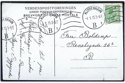 5 øre Chr. X med tydelig automat afskæring på brevkort stemplet Kjøbenhavn B. d. 4.1.1915. Skåret i både top og bund som enkeltmærke. 