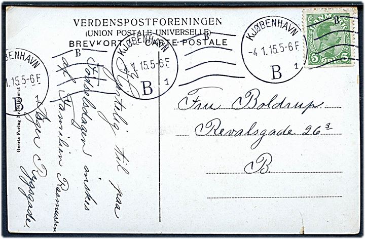 5 øre Chr. X med tydelig automat afskæring på brevkort stemplet Kjøbenhavn B. d. 4.1.1915. Skåret i både top og bund som enkeltmærke. 