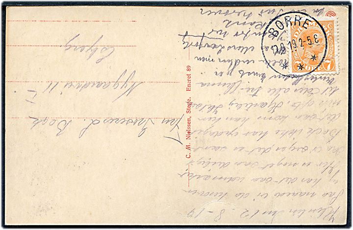 7 øre Chr. X på brevkort annulleret med brotype IIIb Borre d. 13.8.1919 til Esbjerg.