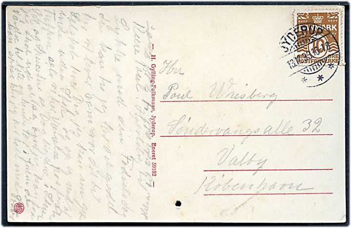 10 øre Bølgelinie på brevkort annulleret med brotype Ic Jyderup d. 13.12.1933 til København. Anvendt ca. 4 måneder senere end registreret hos Bendix.
