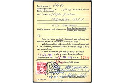 Berigtigelseskort formular S-6172 (5-72 A6) fra Postgirokontoret vedr. ubekendt udbetalingskort påsat 70 øre Bølgelinie annulleret med liniestempel d. 17.9.1973.
