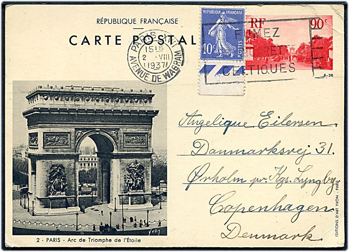 90 c. illustreret helsagsbrevkort opfrankeret med 10 c. fra Paris d. 2.7.1937 til Lyngby, Danmark. 