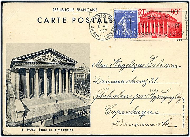 90 c. illustreret helsagsbrevkort opfrankeret med 10 c. fra Paris d. 6.8.1937 til Lyngby, Danmark. 