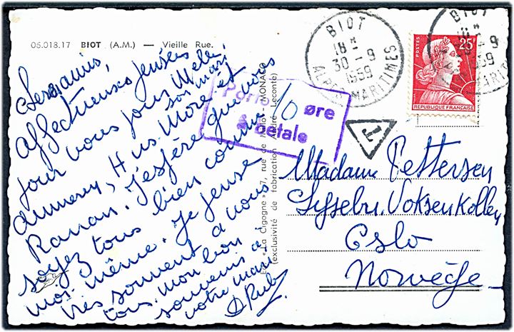 Fransk 25 f. på underfrankeret brevkort fra Biot d. 30.9.1959 til Oslo, Norge. Norsk portostempel Porto 10 øre å Betale.