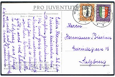 5 c. og 20 c. Pro Juventute 1923 udg. på brevkort fra Wädenswil d. 7.2.1924 til Salzburg, Østrig.