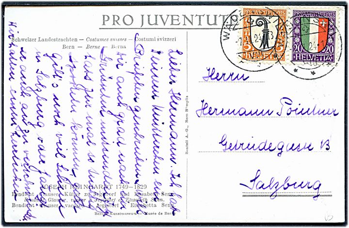 5 c. og 20 c. Pro Juventute 1923 udg. på brevkort fra Wädenswil d. 7.2.1924 til Salzburg, Østrig.