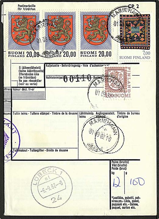 Åland. 68 mk. blandingsfrankeret adressekort for pakke fra Mariehamn d. 1.9.1982 via Lübeck til Bad Schwartau, Tyskland.