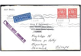 55 öre i parstykke på luftpostbrev fra Stockholm d. 31.3.1966 til dansk arbejder ved RCA BMEWS APO 09023, New York (= Thule basen på Grønland) - stemplet Adressee moved - Forward to: og eftrsendt til København, Danmark.