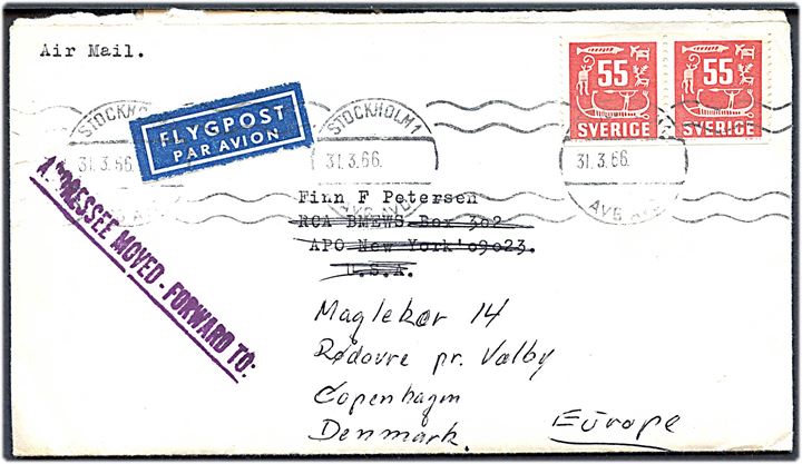 55 öre i parstykke på luftpostbrev fra Stockholm d. 31.3.1966 til dansk arbejder ved RCA BMEWS APO 09023, New York (= Thule basen på Grønland) - stemplet Adressee moved - Forward to: og eftrsendt til København, Danmark.