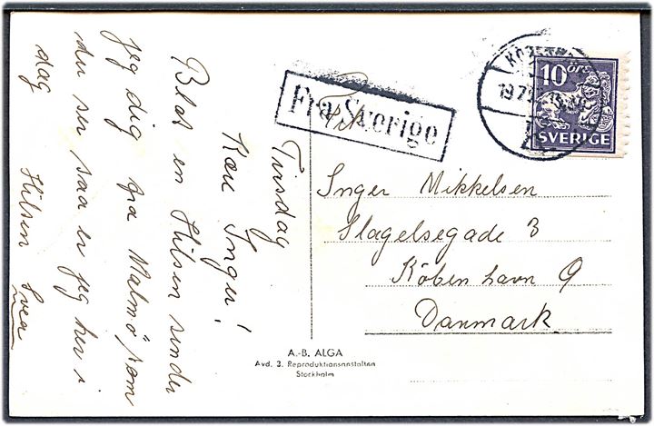 10 öre Løve på brevkort fra Malmö annulleret med dansk stempel i København d. 19.7.1922 og sidestemplet Fra Sverige til København.