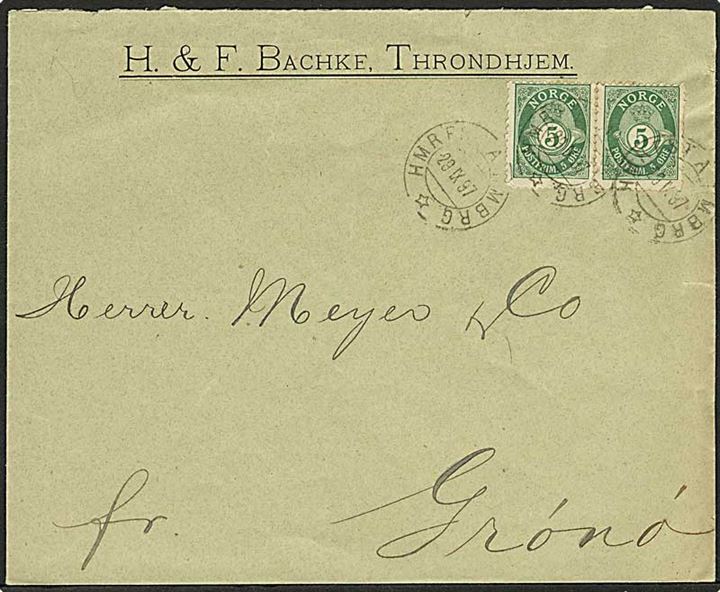 5 øre Posthorn i parstykke på brev fra Trondhjem annulleret med sejlende bureaustempel HMRFST - HAMBRG d. 29.9.1897 til Grønø.