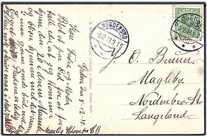 5 øre Soldaterfrimærke på brevkort (Kirken i Gedser) annulleret Gjedser d. 5.12.1918 til Nordenbro på Langeland. Ank.stemplet brotype IIa d. 6.12.1918.