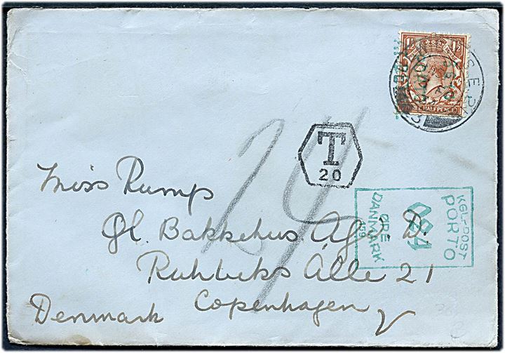 1½d George V på underfrankeret brev fra London d. 3.2.1934 til København, Danmark. Udtakseret i porto med 24 øre grønt portomaskinstempel.