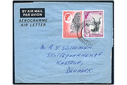6d Elizabeth helsags aerogram opfrankeret med 2½d Elizabeth fra Goedgegun Swaziland d. 9.2.1966 til Kastrup, Danmark.