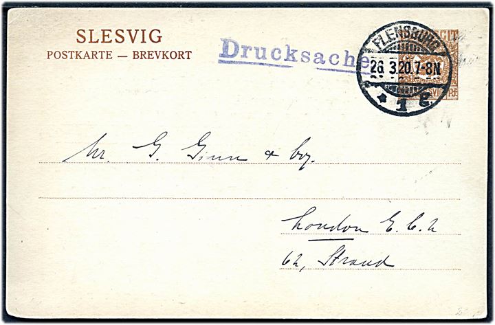 7½ pfg. Fælles udg. helsagsbrevkort sendt som tryksag fra Flensburg d. 26.3.1920 til London, England.