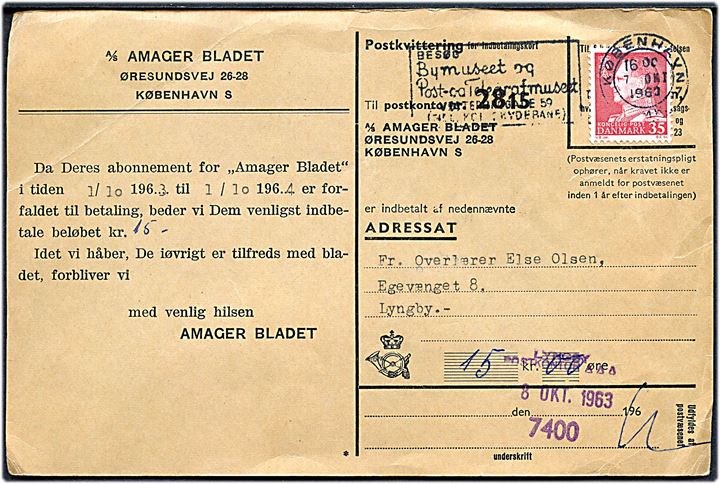 35 øre Fr. IX på Indbetalingskort stemplet København d. 7.10.1963 til Lyngby. Trodat stempel med sorteringskode 7400 fra Lyngby postkontor d. 8.8.1963.