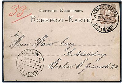 25 pfg. helsags rørpostkort annulleret Charlottenburg P2 (R26) d. 6.4.1887 til Berlin C. Påskrevet 33 og modtaget ved Berlin C P45 (R33).