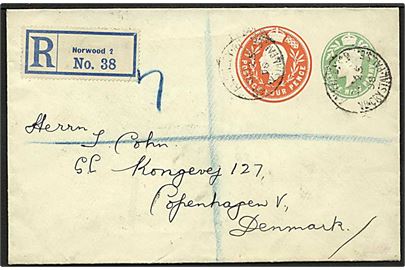 ½d+4d Edward VII provisorisk helsagskuvert sendt anbefalet fra Norwood d. 25.9.1908 til København, Danmark.