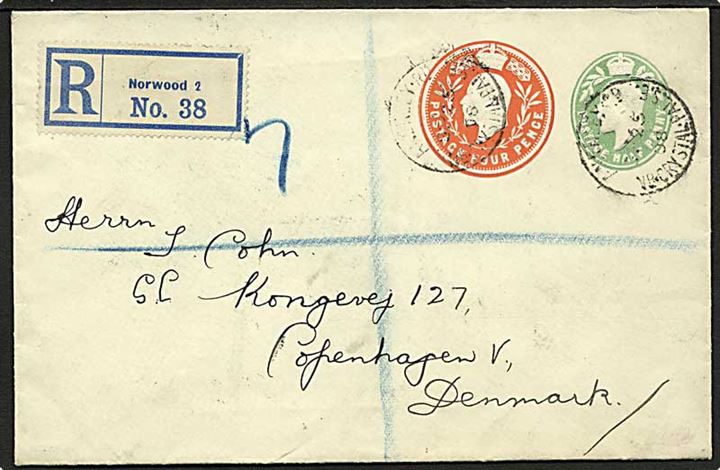 ½d+4d Edward VII provisorisk helsagskuvert sendt anbefalet fra Norwood d. 25.9.1908 til København, Danmark.