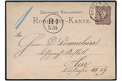 25 pfg. helsags rørpostkort stemplet Berlin 1 d. 1.12.1881 med påskrift 1 og ank.stempel R1 / N30.