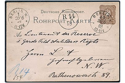 25 pfg. helsags rørpostkort annulleret Berlin W 49 d. 20.6.1883 via Berlin W I og påskrevet R14. Ank.stemplet R14 / 18.