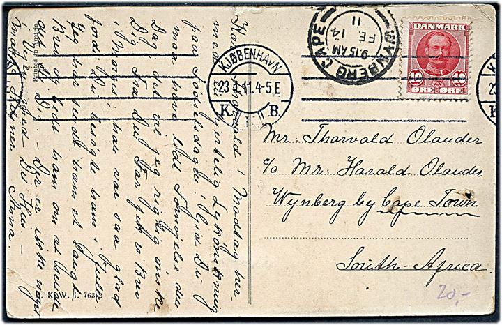 10 øre Fr. VIII på brevkort fra Kjøbenhavn d. 23.1.1911 til Wynberg by Cape Town, South Africa. Ank.stemplet Wynberg Cape d. 14.2.1911. Nålehul.
