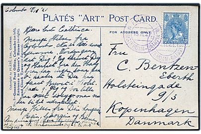 12½ c. på brevkort dateret i Colombo, Ceylon annulleret med violet skibsstempel Postagent Amsterdam - Batavia d. 18.11.1921 til København, Danmark.