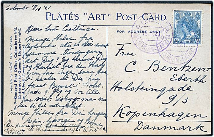12½ c. på brevkort dateret i Colombo, Ceylon annulleret med violet skibsstempel Postagent Amsterdam - Batavia d. 18.11.1921 til København, Danmark.