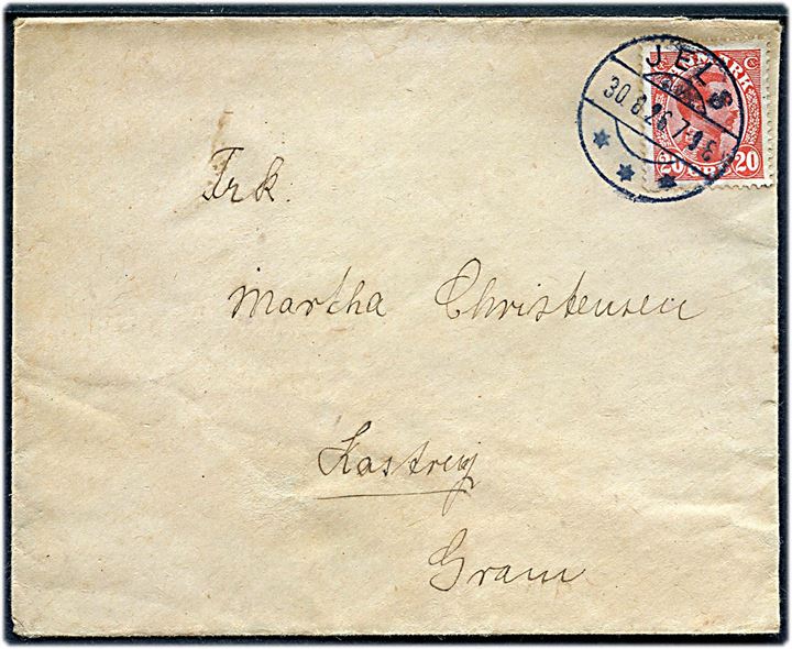 20 øre Chr. X på brev annulleret brotype IIb Jels d. 30.8.1926 til Gram.