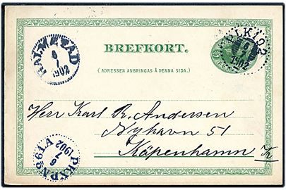 5 öre helsagsbrevkort annulleret med bureaustempel PLK 192 (= Vislanda - Halmstad) d. 6.7.1902 via Halmstad og bureau PKXP no. 61A (= Göteborg-Ängelholm-Malmö) til København, Danmark.