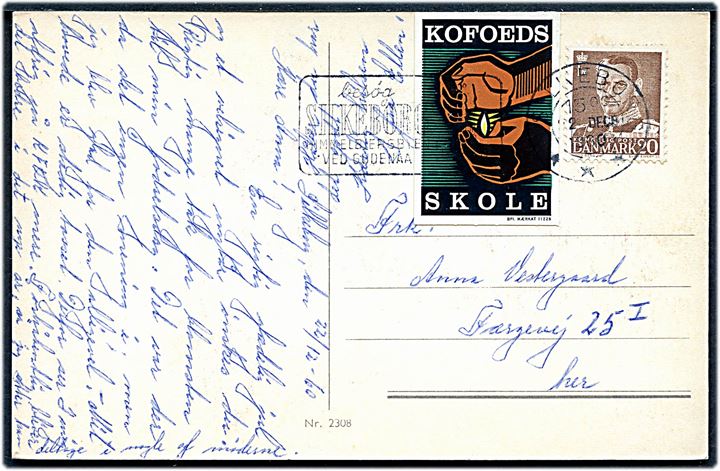 20 øre Fr. IX og Kofoeds Skole mærkat på julekort fra Silkeborg d. 22.12.1960.