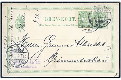 5 øre Våben helsagsbrevkort opfrankeret med 5 øre Våben helsagsafklip fra Kjøbenhavn d. 26.1.1901 til Crimmitschau, Tyskland.