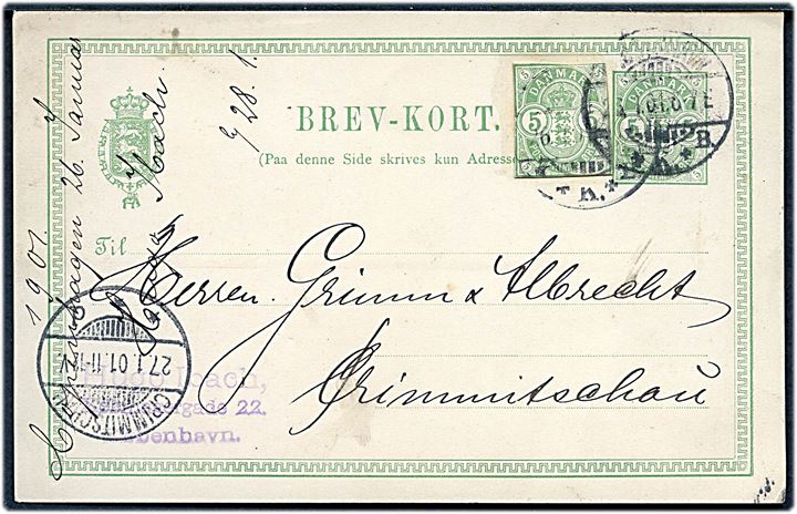 5 øre Våben helsagsbrevkort opfrankeret med 5 øre Våben helsagsafklip fra Kjøbenhavn d. 26.1.1901 til Crimmitschau, Tyskland.