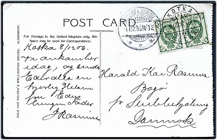 Russisk 2 kop. Våben i parstykke anvendt på brevkort i Finland og annulleret med 2-sproget stempel Kotka d. 8.12.1906 via Stubbekjøbing til Bogø, Danmark.