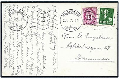 5 øre Posthorn og 10 øre Løve på brevkort (Hardanger) annulleret med bureau maskinstempel Bergensbanens Nattog I d. 20.7.1932 til Drammen.