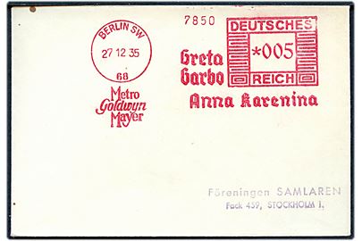 5 pfg. firmafranko fra Metro Goldwyn Mayer Greta Garbo - Anna Karenina på tryksag fra Berlin d. 27.12.1935 til Stockholm, Sverige.