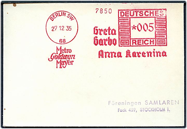 5 pfg. firmafranko fra Metro Goldwyn Mayer Greta Garbo - Anna Karenina på tryksag fra Berlin d. 27.12.1935 til Stockholm, Sverige.
